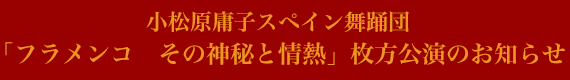 小松原庸子スペイン舞踊団「フラメンコ その神秘と情熱」枚方公演のお知らせ 小松原庸子スペイン舞踊団
「フラメンコ その神秘と情熱」枚方公演のお知らせ